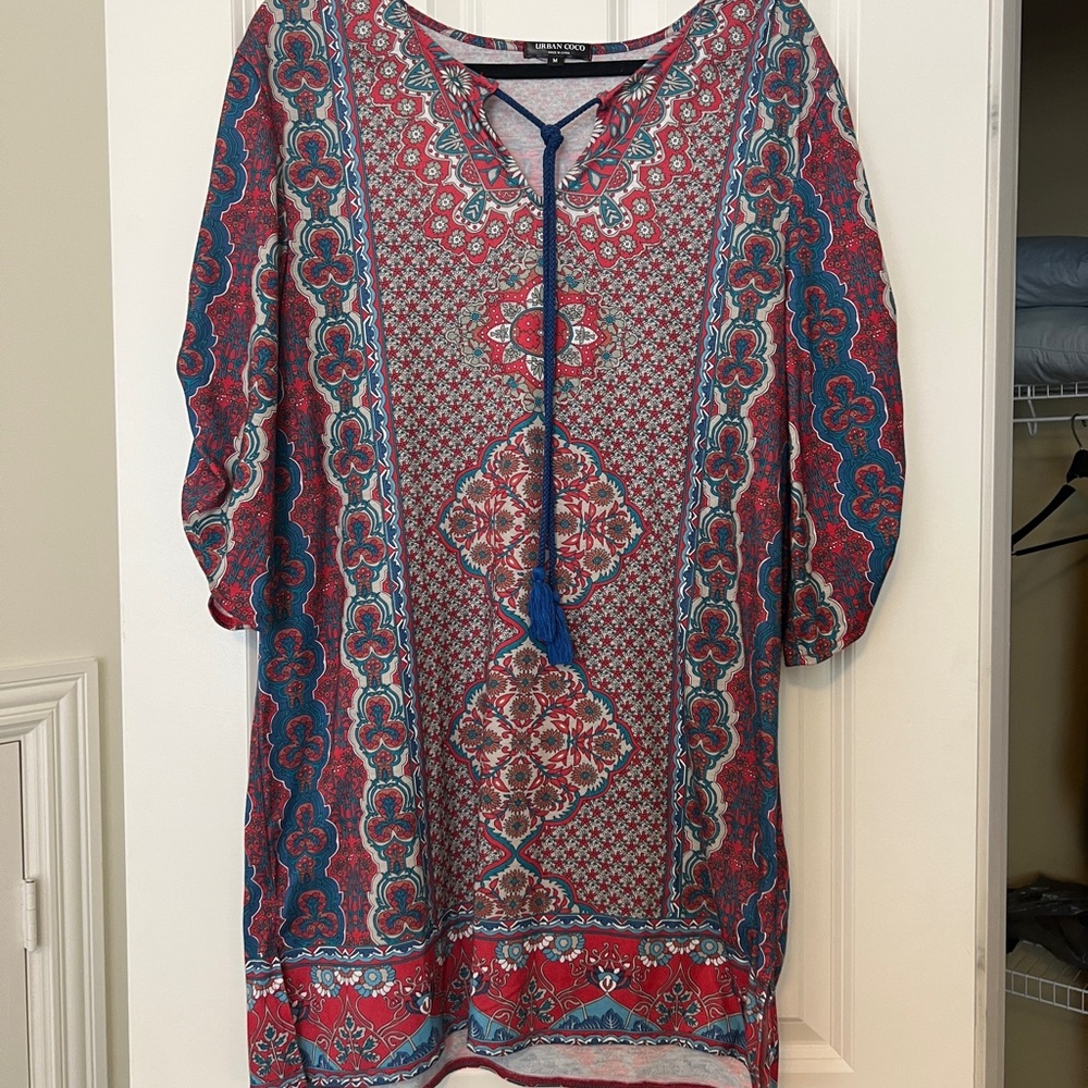 Colorful Boho Tassel Tunic Dress - Red & Blue Paisley